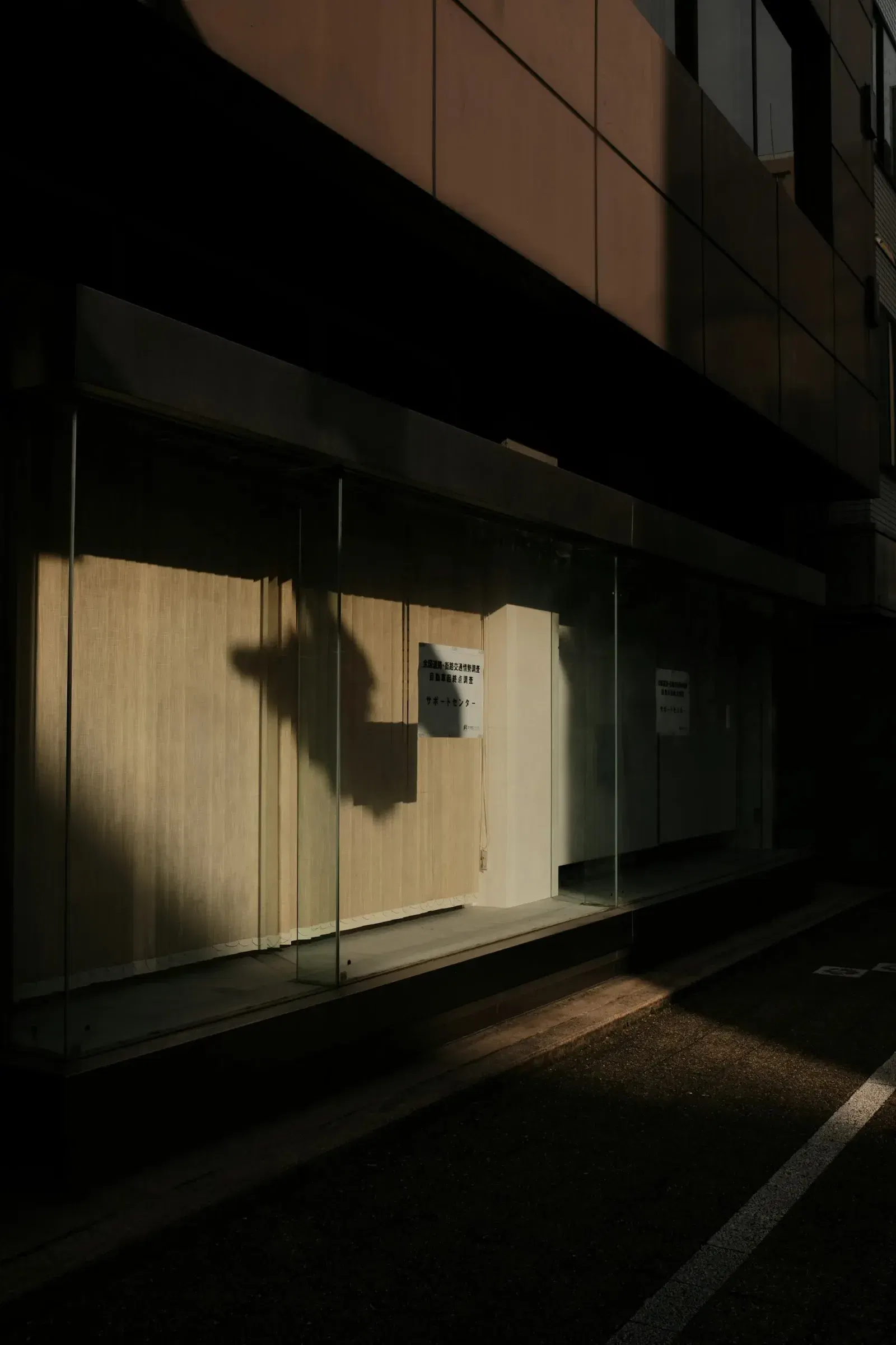Sunset shadows across a building facade